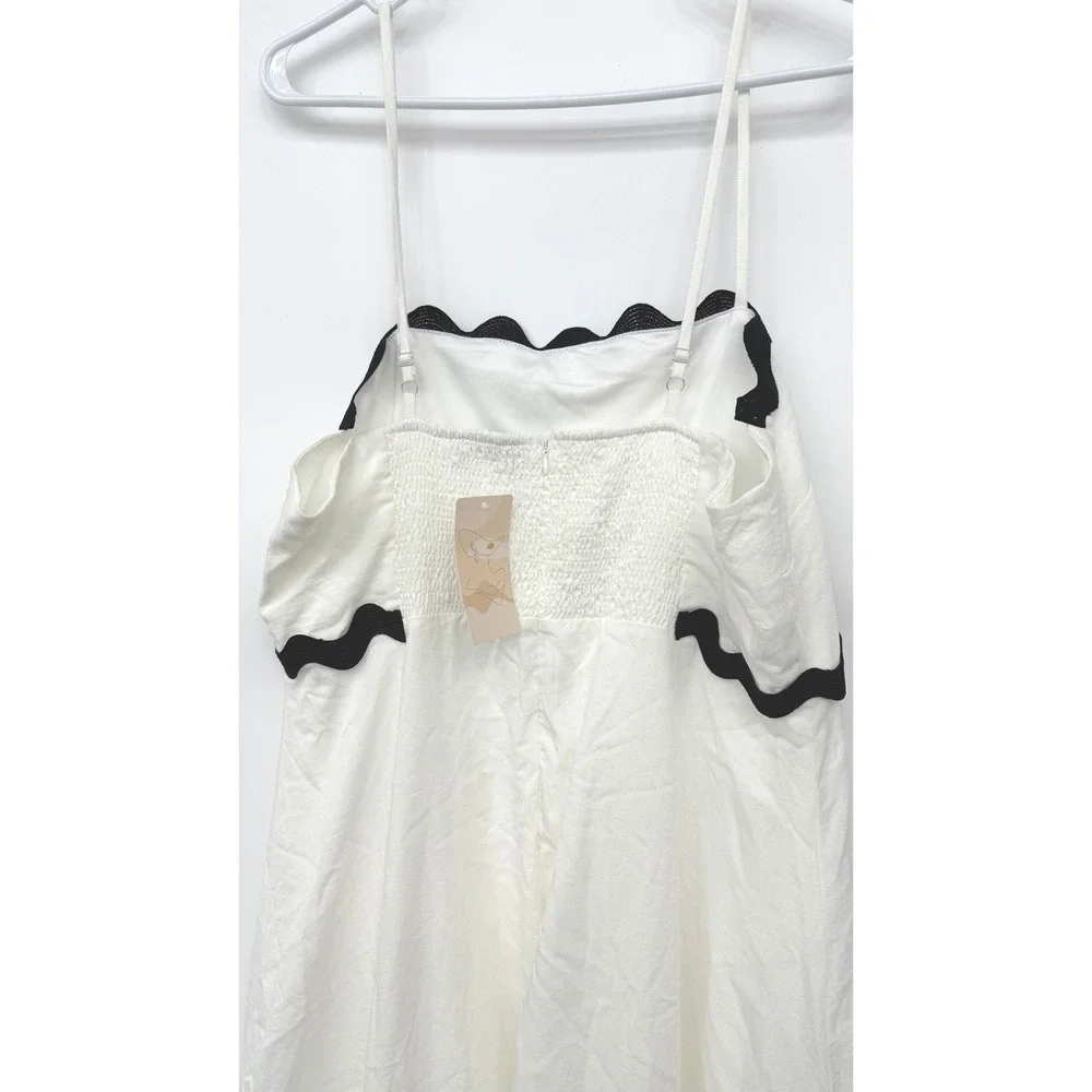 NWT White Linen Maxi Dress Black Ric Rac Trim Smocked Back Size L - Picture 7 of 8